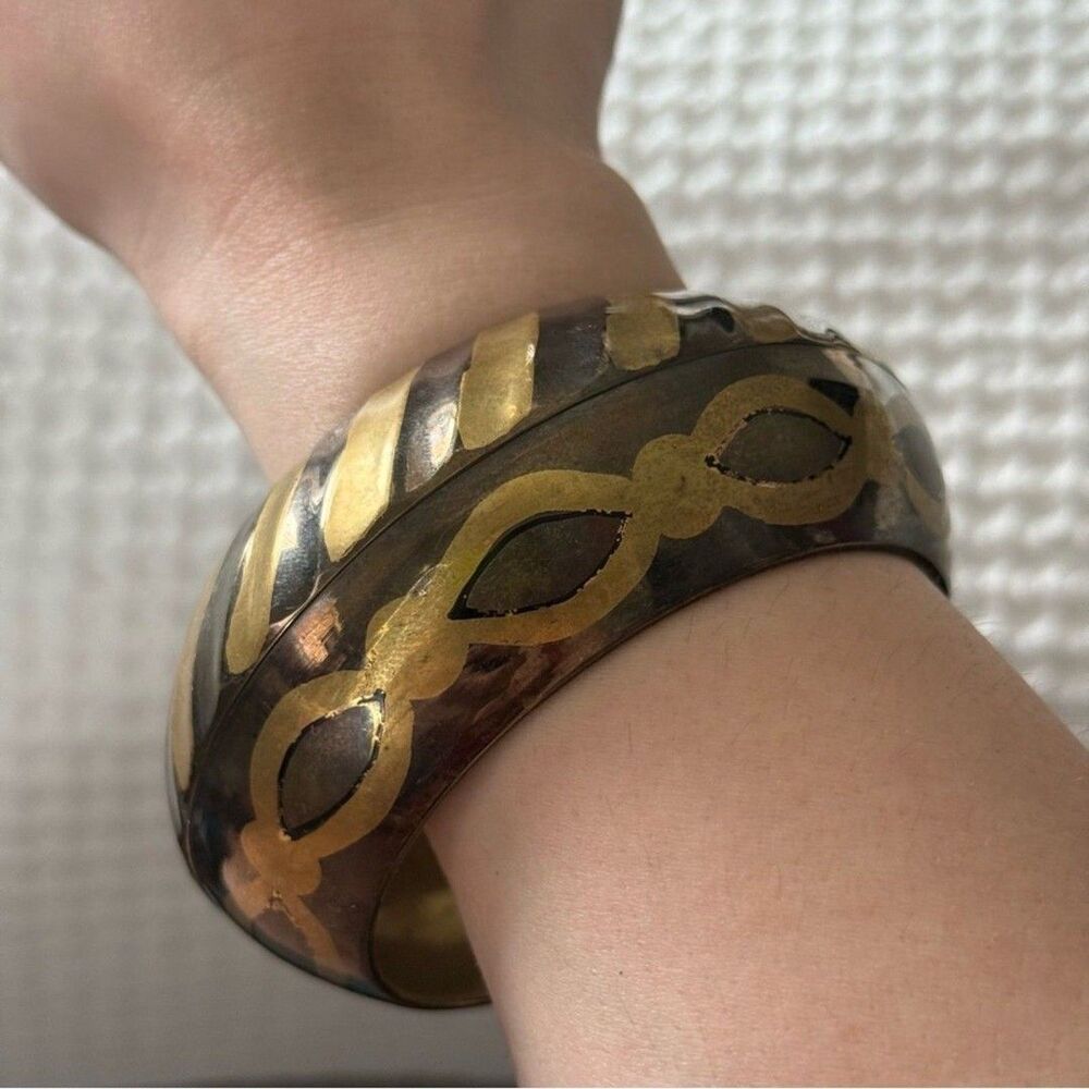 Chunky Vintage Brass Bangle Bracelet • Geometric Detail • Wide Statement Cuff